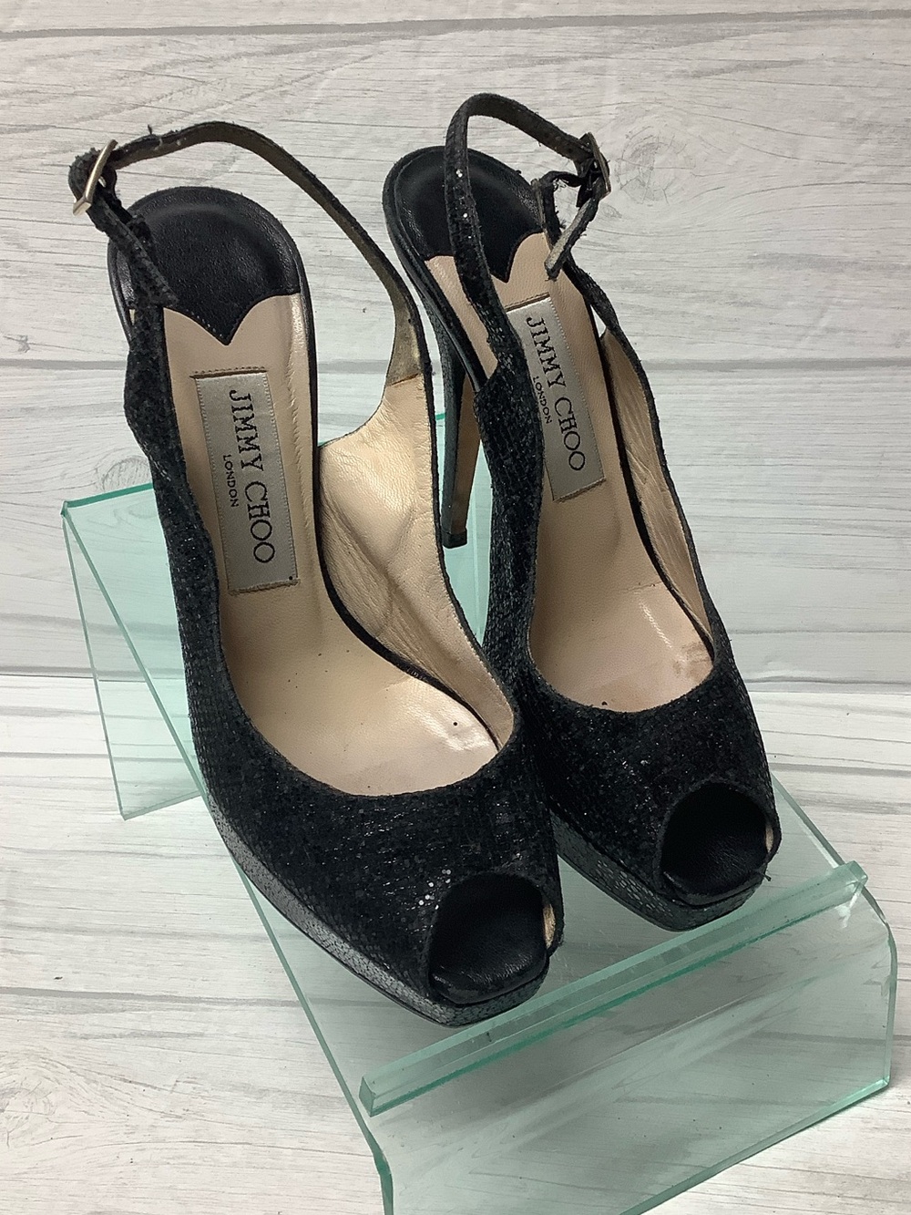 Jimmy Choo Black Glitter Peep-Toe Slingback Heels